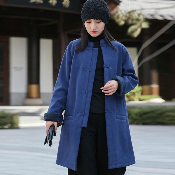 

women's down & parkas nini wonderland 2021 winter fleece coats women thicken warm vintage outerwear female cotton linen long coat loose, Black