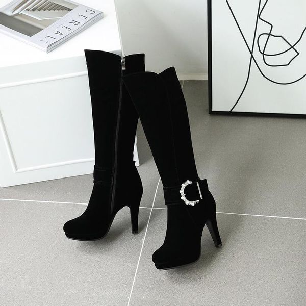

2020 knee high boots winter women shoe elegant boots scrub square 10,5cm high heel zipper fashion ladies long size 34-431, Black