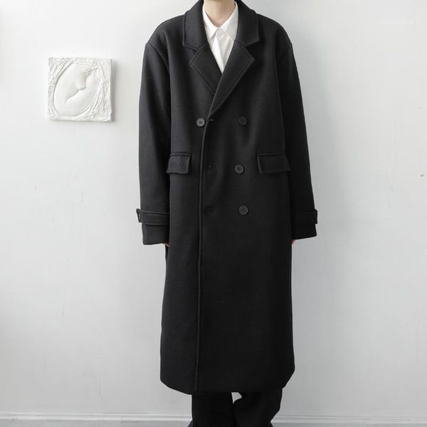 

men's wool & blends men winter double breasted loose long casual trenchcoat outerwear male streetwear vintage trench jacket overcoat1, Black
