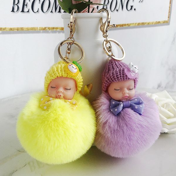 

factorywvqvball cute sleeping baby doll keychain bow pompom carabiner chain keyring women kids holder bag pendant key ri, Silver