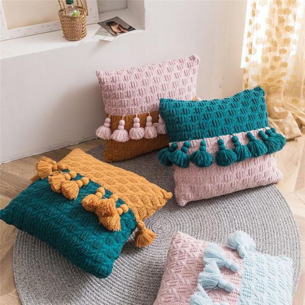 

cushion/decorative pillow knitted covers with pompoms tassel boho cable knit throw cases decorative cushion cover set for home sofa