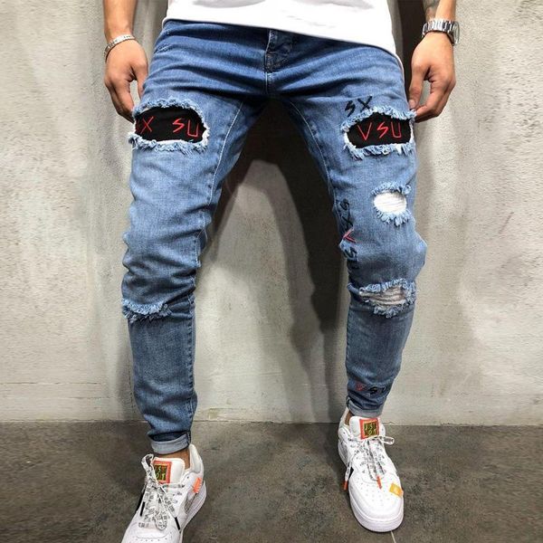 

s-3xl stylish modis jean homme ripped jeans biker slim straight frayed denim embroidery skinny jeans men pant1, Blue