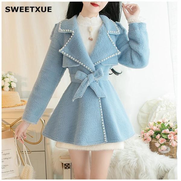 

women's fur & faux sweetxue autumn winter coat women wool jacket casual korean lambswool coats female slim beaded bow lace-up, Black