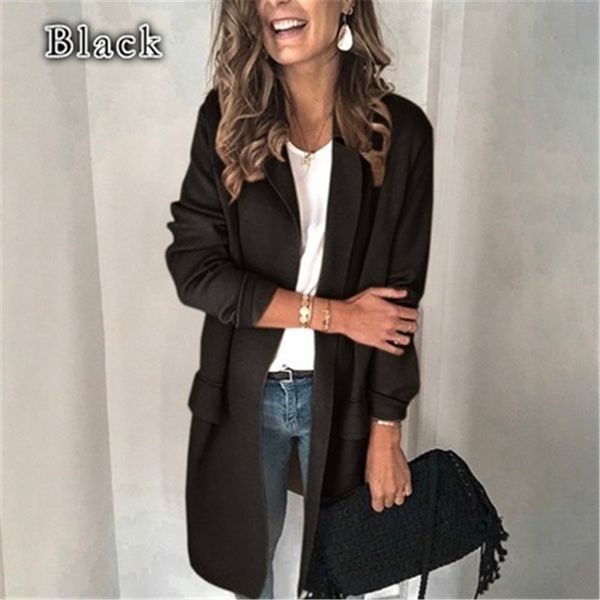 

women solid color cardigan suit jacket fashion trend long sleeve lapel mid-length blazers female winter new fake pocket casual loose coats, White;black