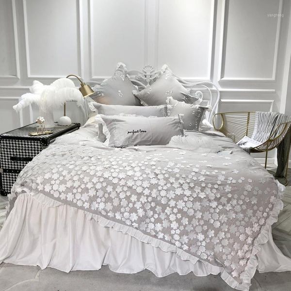 

egyptian cotton pink gray princess bedding set duvet cover bed set /king size bed skirt bedspread parure de lit1