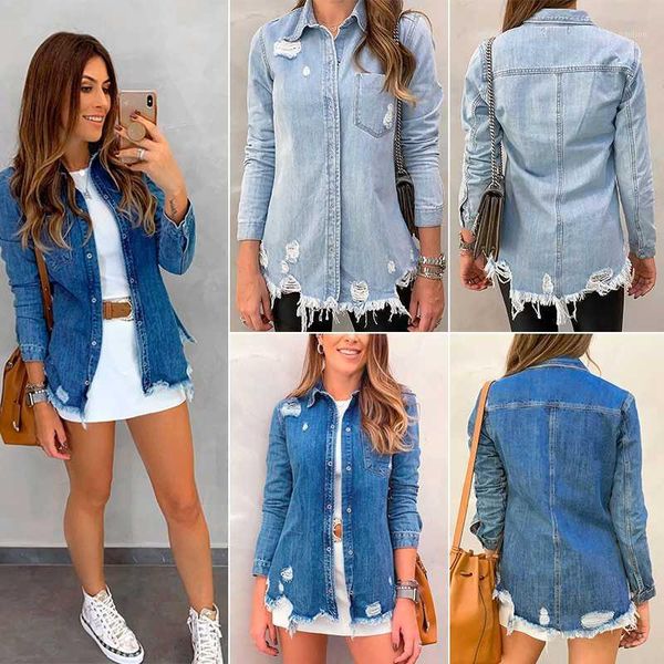 

women's hole denim jackets casual vintage lapel button irregular jean jackets 2020 autumn winter long sleeve ladies denim coats1, Black;brown