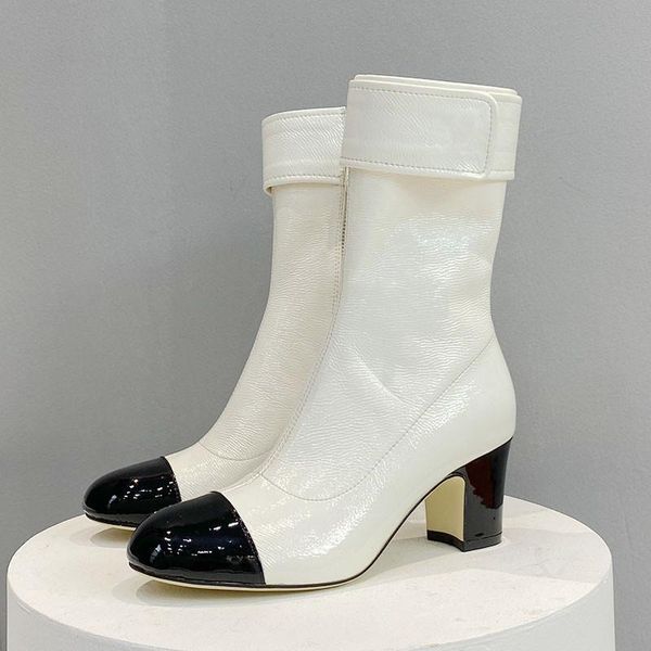 

autumn winter women boots white patent leather high heel color matching mid tube ladies shoes black botas