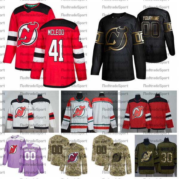

2021 customize #41 michael mcleod new jersey devils jerseys golden edition camo veterans day fights cancer custom stitched hockey jerseys, Black;red