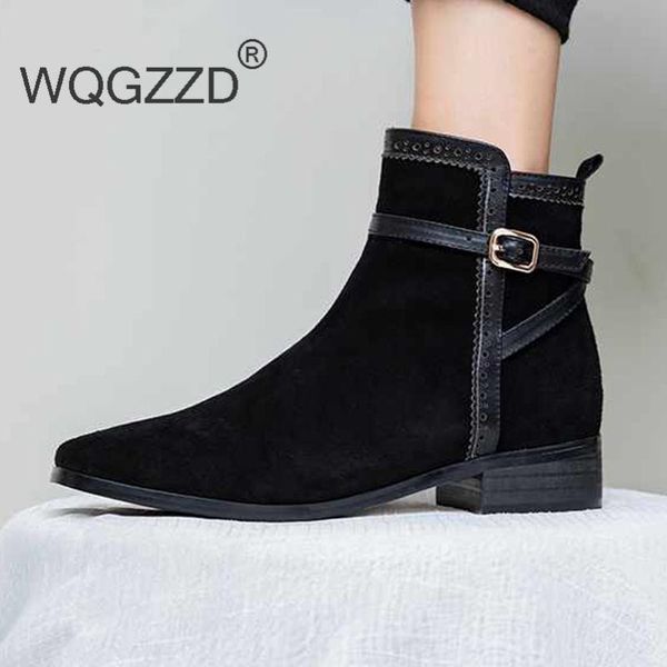 

2020 new winter ankle boots women's shoes cow suede metal buckle fashion streetwear ankle boots zapatos mujer, Black