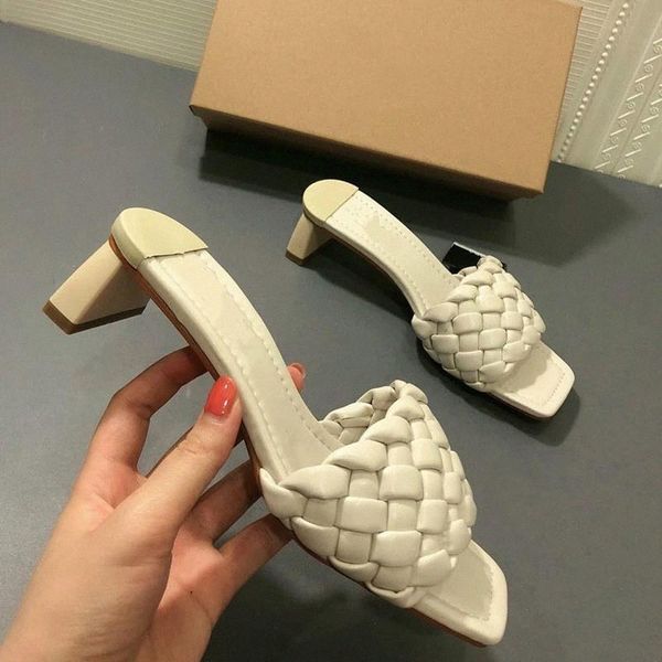 

summer women shoes fashion woven square toe high heels woman slippers open toe ladies flip flips breathable slides large size #jj23, Black
