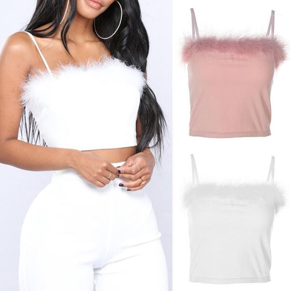 

women crop stretchable summer sleeveless tank slim fit vest cute strap sling faux fur backless camisole1, White