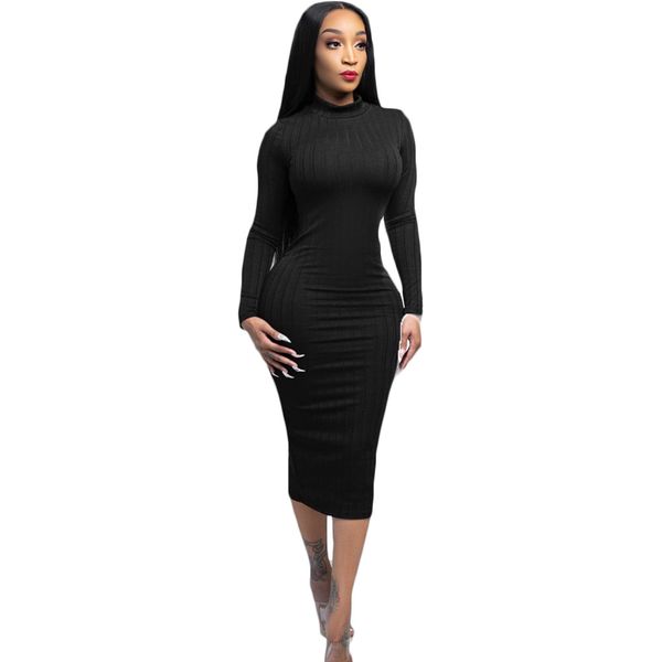 

женщины high шеи вязание платье осень сплошной цвет с длинным рукавом тощая базовая платье дамы повседневная одежда, Black;gray