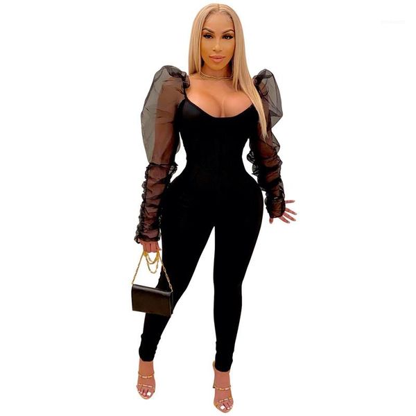 

jumpsuits fashion guaze panelled puff sleeve long pants womens jumpsuits casual females clothing solid color womens, Black;white