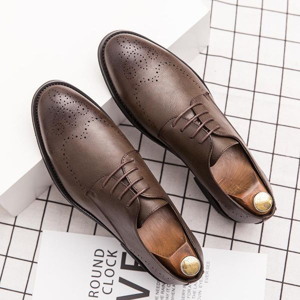 

new men leather shoes hollow prints men business dress classic style casual shoes lace up pointed toe for oxford1, Black