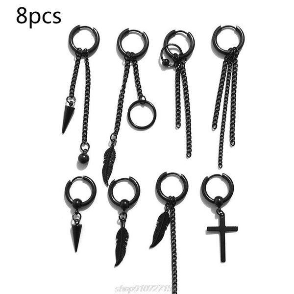 

8Pcs/Set Stainless Steel Stud Earrings Leaf Circle Ear Cuff Dangle Pendant Women Men Gothic Jewelry D31 20 Dropshipping, Silver