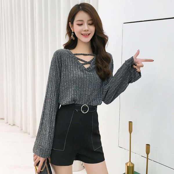

sleeve fall 2019 new pullover long grey v-neck double face casual sweater women's loose t-shirt, Black;gray