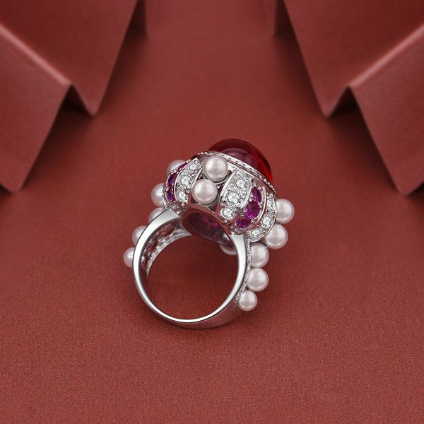 

wong rain vintage 100% 925 sterling silver oval ruby pearls gemstone diamonds wedding engagement ring fine jewelry wholesale q1218, Golden;silver