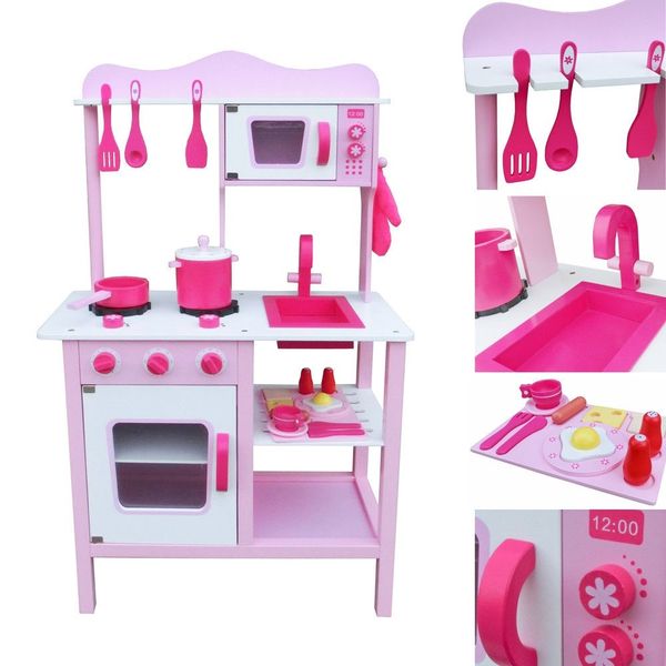 

fashion wood kitchen toy kids cooking pretend play set toddler wooden play house set piink gift