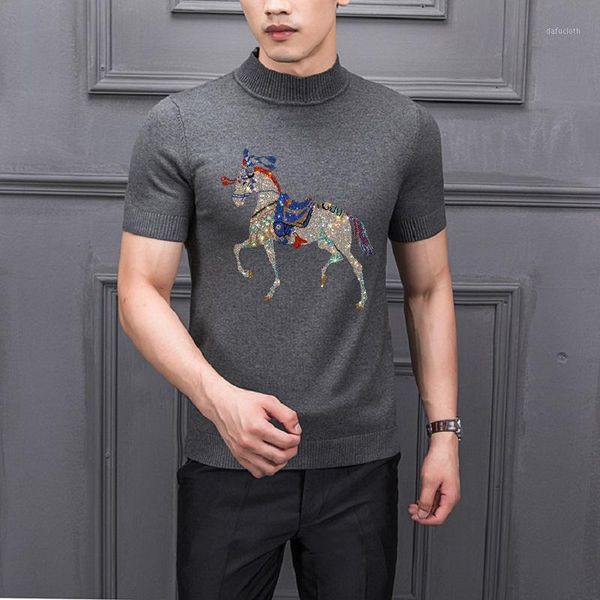 

very soft material diamond popular animal theme comfortable men's short-sleeved pullover knitted t-shirt base sweater1, White;black