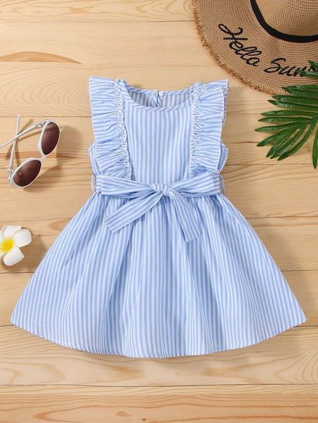 

baby striped ruffle trim belted dress she, Red;yellow