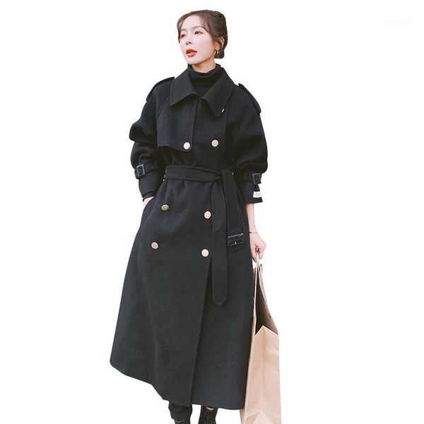 

women's wool & blends 2021 black woolen coat women korean double-breasted long over the knee double-faced sleeve jacket female fashion