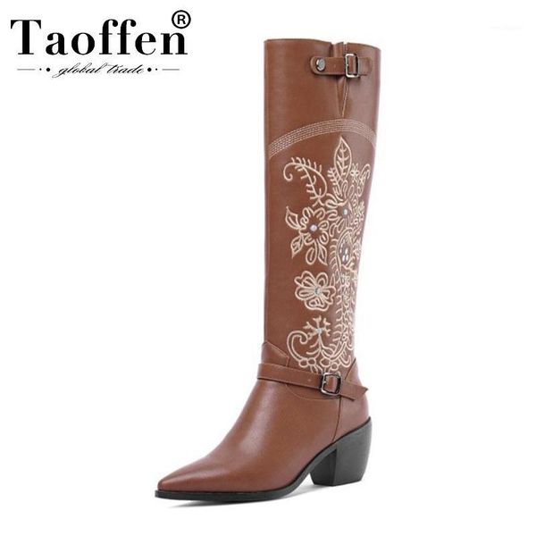 

taoffen plus size 34-46 knee high boots office ladies retro pointed toe long boots buckle heels shoes woman1, Black
