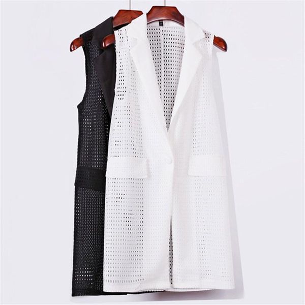 

women's vests europenwomen white black long vest coat style sleeveless jacket laides office suits split button cardigan waistcoat a554, Black;white