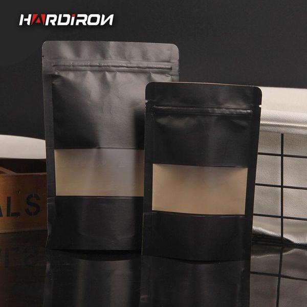 

storage bags hardiron thick black kraft paper zipper lock bag candy with transparent display window standing packaging