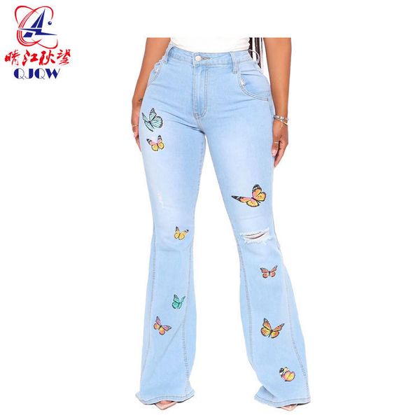 

autumn 2020 new butterfly embroidery mid waist women's perforated horn jeans, Blue