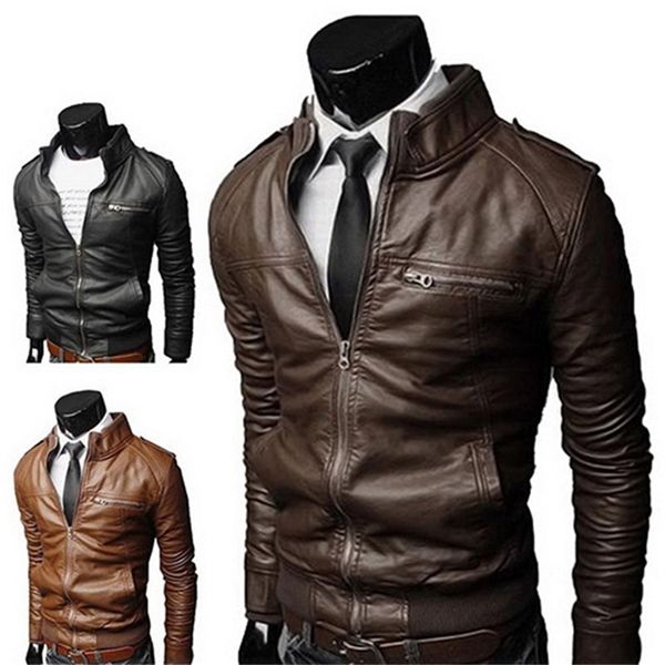 

mens motorbike faux leather jackets spring autumn clothing for male long sleeved cool stand collar jacket coats, Black;brown