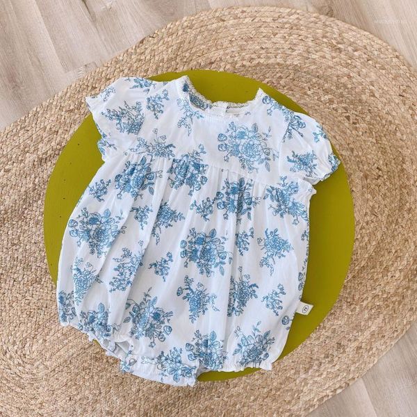 

2020 summer baby kids short sleeve o neck floral print jumpsuits casual infant girls bodysuits toddler newborn clothes1, Blue