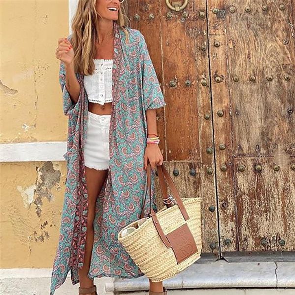 

women boho autumn 3 4 sleeve floral print long cardigan kimono cover up coat drop shipping good quality, Black