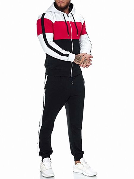 

men color block zip-up hoodie & contrast panel trim sweatpants c1lg#, Gray