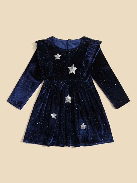 

toddler girls 1pc sequin star decor ruffle trim velvet dress she, Red;yellow