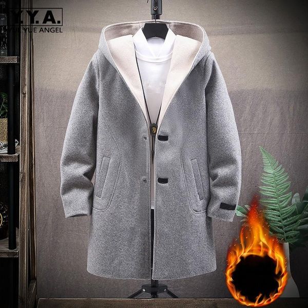 

long mens casual loose hooded woolen coat plus velvet thickening single breasted v-neck pockets vintage winter warm trench coat, Tan;black