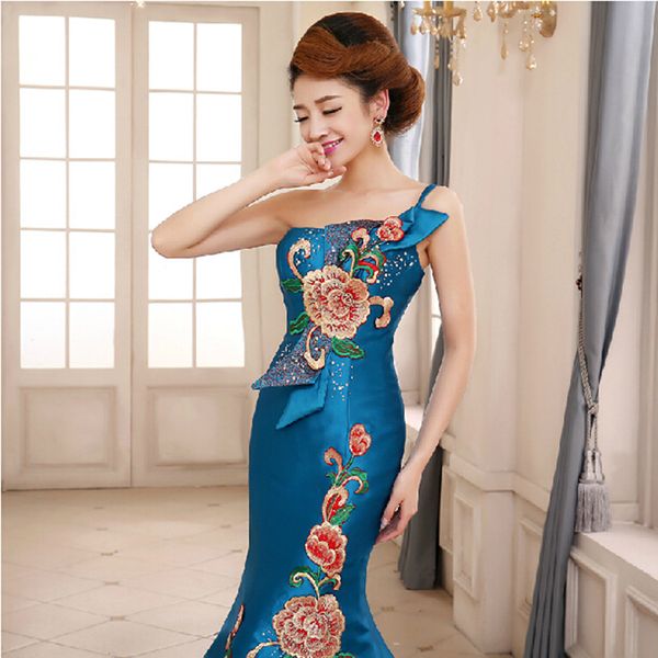 

robe de soiree 2021 vintga one shoulder fishtail train with quality embroidery vestidos de festa evening dress prom dresses, Black;red