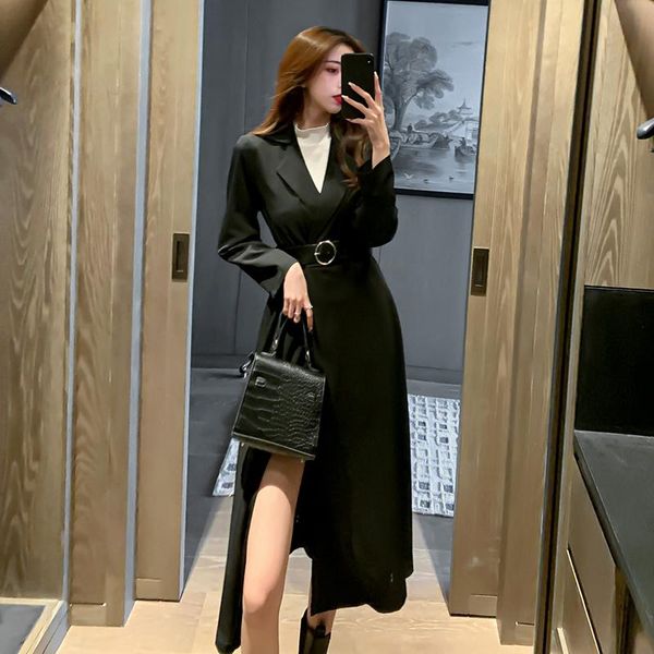 

women's trench coats all-matched black elegant windbreaker for office laides long blazer lightweight belted coat, Tan;black