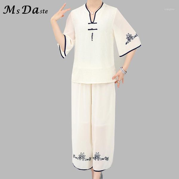 

summer set 2 pieces women clothing:blouse+pants 2018 summer embroidery vintage lady tracksuits casual suit big plus size 4xl 5xl1, White