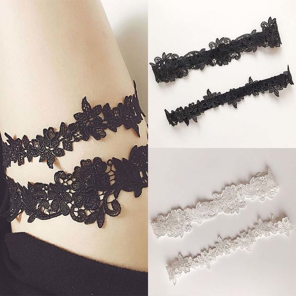 

2pcs/set women wedding bridal leg garters lace flower hollow out elastic band, Black;white