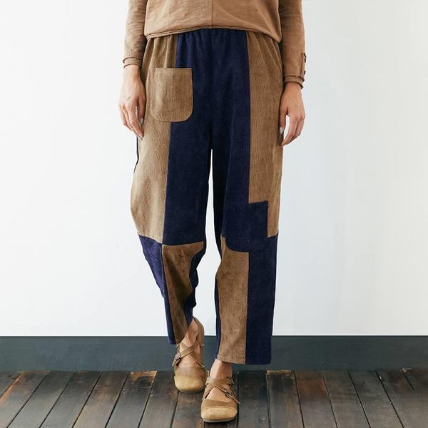 

2020 casual pockets long trousers vintage bottoms palazzo corduroy patchwork pants women harem pants elastic waist streetwear 7, Black;white