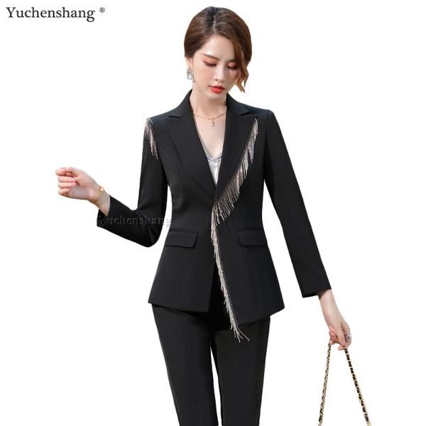

fashion korean tassel design ladies business pant suit 2021 new arrival black white formal 2 piece blazer set for women