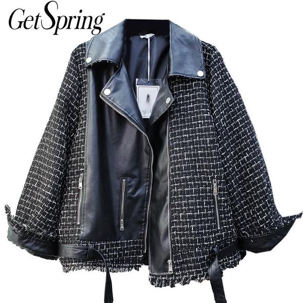 

getspring women coat woolen patchwor pu leather coats women vintage irregular motorcycle jacket 2021 new fashion leather jacket, Black