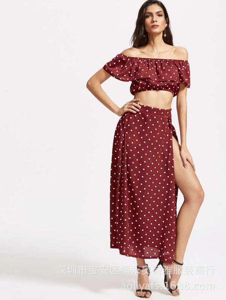 

2-piece summer women's point bohemian storm slit suit dress, Black;gray