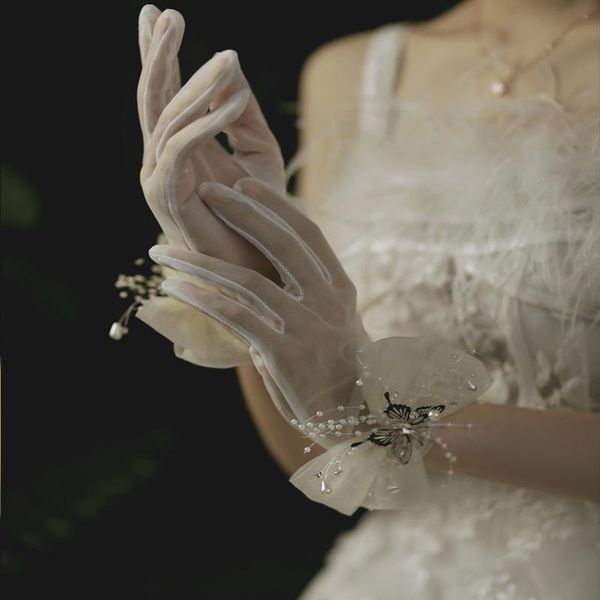 

short bride wedding gloves semi sheer design tulle gauze transparent women gloves see through summer glove with butterfly h jllxei, White