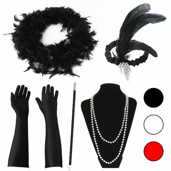 

party hats 20s great gatsby accessory set 1920s flapper fancy dress women feather headband glove earring for party1