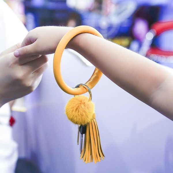 

keychains fashion design tassel keychain large circle anti lost pu leather explosion models hair ball key ring hwasy1804, Silver