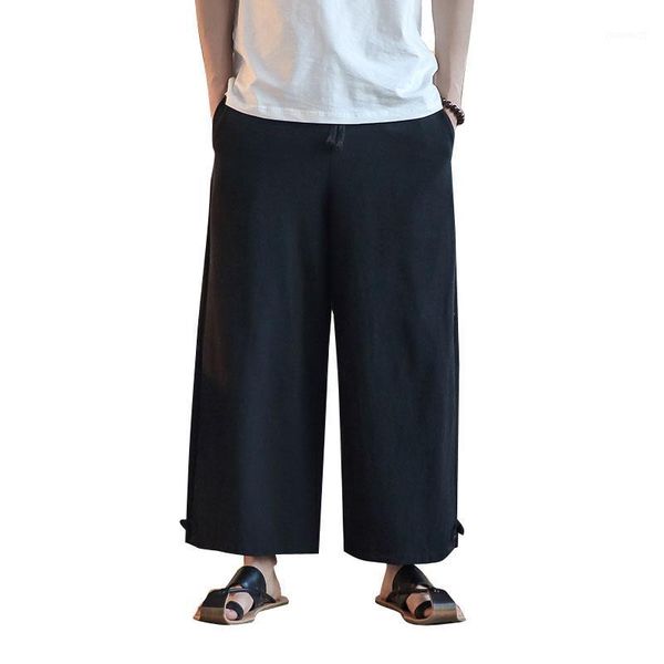 

elastic waist wide leg pants men japan kimono style fashion casual skirts pants male solid color trousers harem1, Black