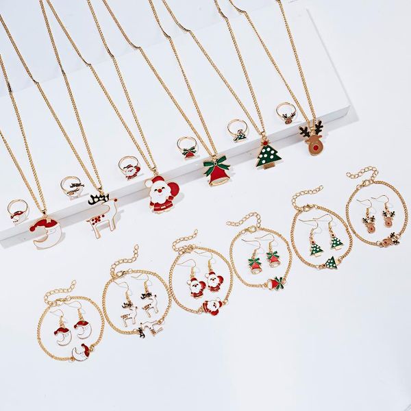 

rinhoo 4pcs/set xmas santa claus alloy painting pendant necklace bracelet drop earring and ring jewelry set women christmas gift, Silver