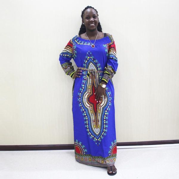 

2019 fashion african dashiki off shoulder long sleeve blue cotton print long dress1, Red