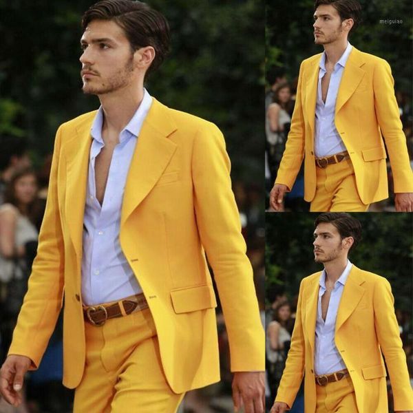 

handsome groom wear yellow formal men suits jacket pants wedding groom slim fit tuxedos male blazer business suit 2 pcs1, White;black